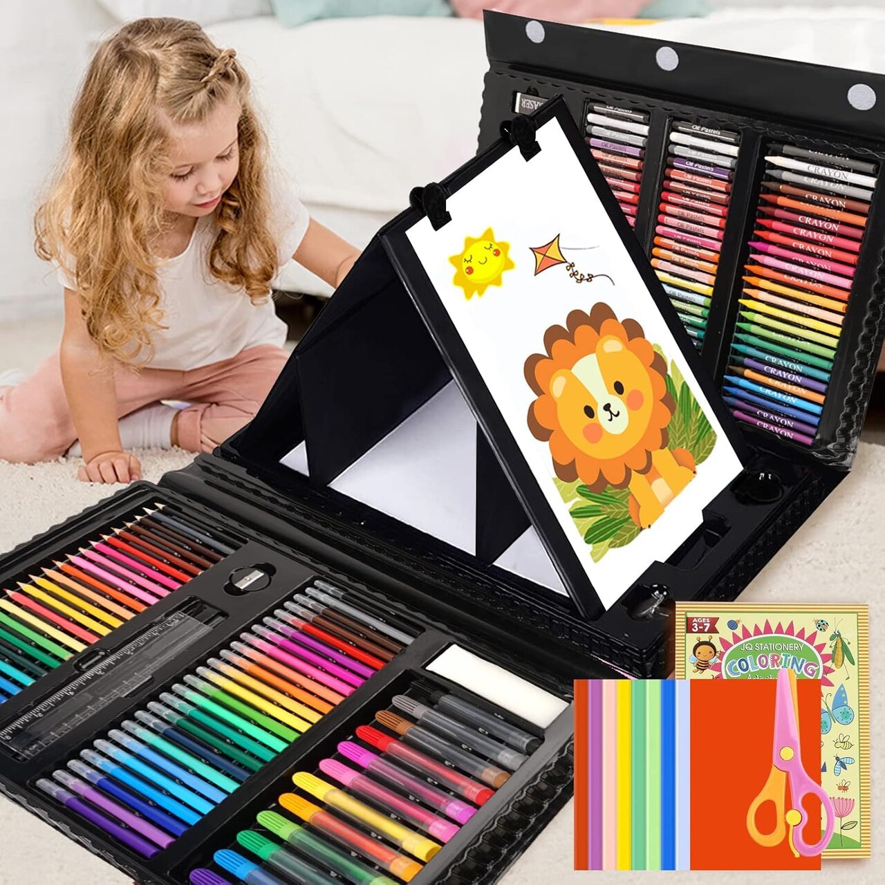 208 PCS Kids Art Set Drawing Supplies with Trifold Easel (Black)